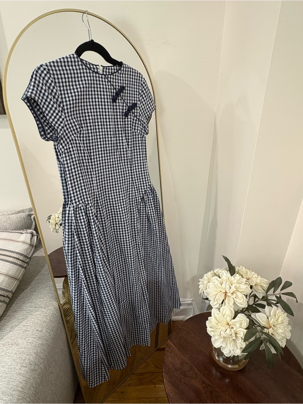 NWT COMMENSE navy and white gingham Asian style short sleeve dress